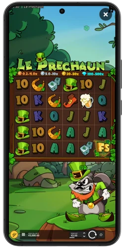 Le Prechaun grundspelsrutnät med symbolmultiplikatorvärden och Smokey the leprechaun
