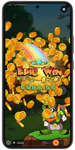 Le Prechaun Epic Win-skärm med en utbetalning på 6 488,56