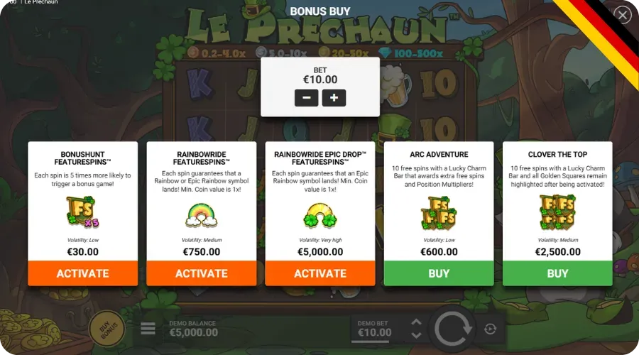 Le Prechaun Bonus-Buy-Menü mit fünf Feature-Optionen von 6 € bis 1.000 €