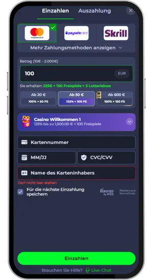 Einzahlung mit Visa, Mastercard oder PSCD zum Spielen von Le Prechaun