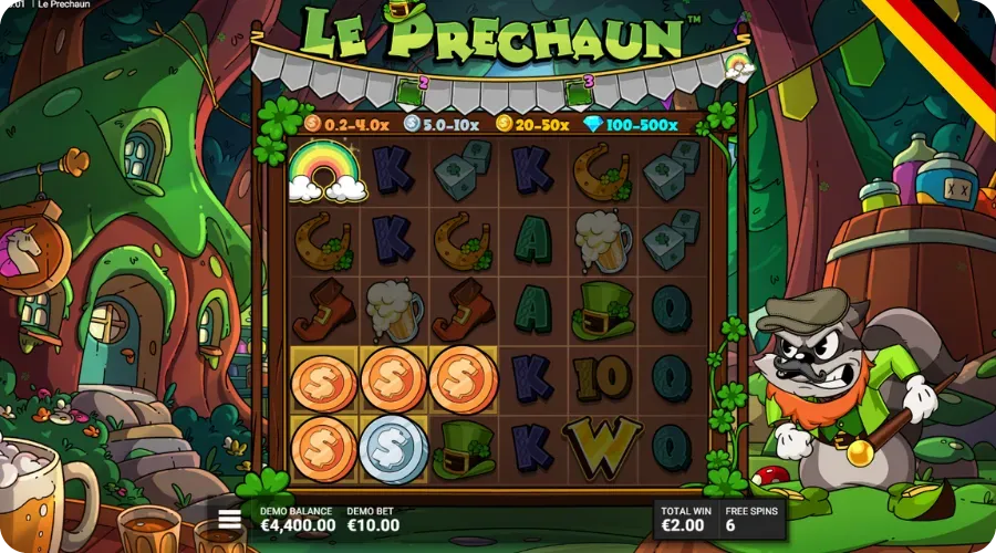 Le Prechaun Freispielrunde vergibt 5 zusätzliche Spins und 2 Positions-Multiplikatoren