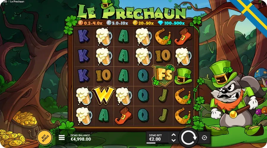 Le Prechaun grundspel med hatt-, känga- och ölsejdelsymboler och Smokey the leprechaun